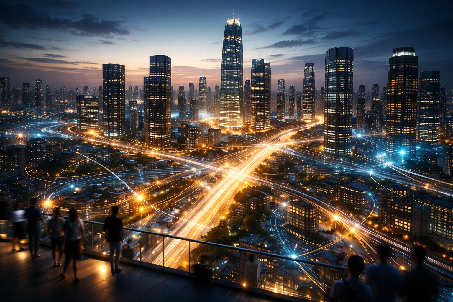 Futuristic city at dusk with data trails