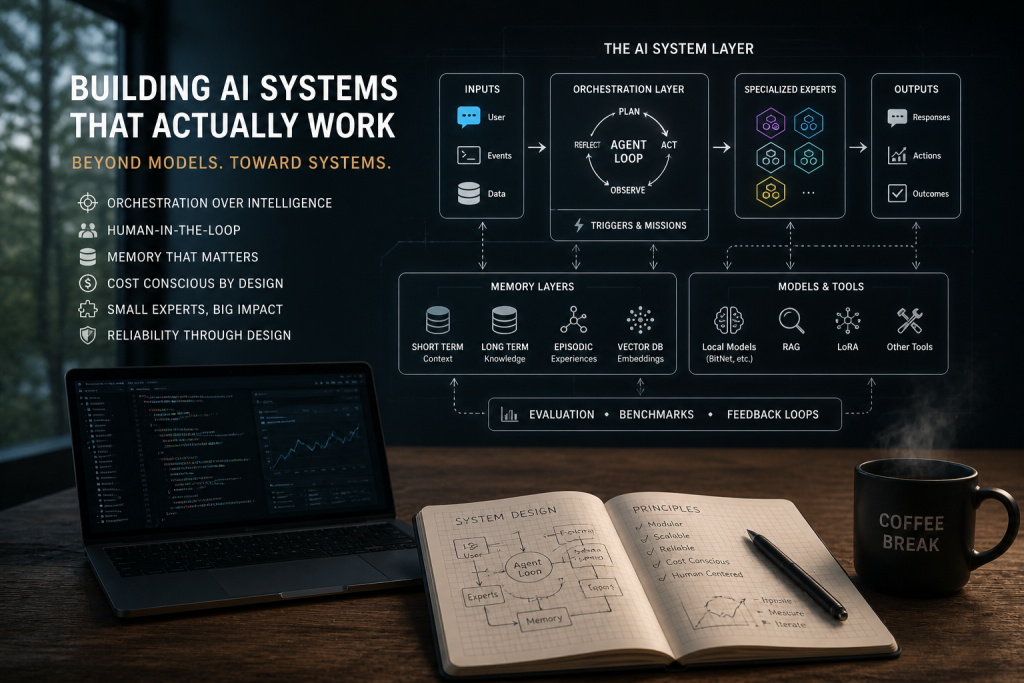 AI system design workspace with coffee