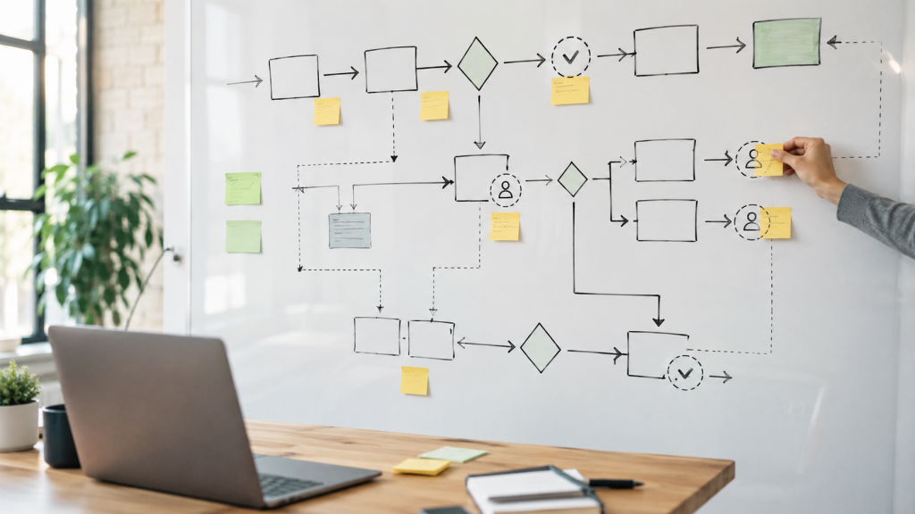 A whiteboard workflow map with decision points and review markers above a laptop and sticky notes in a modern workspace.