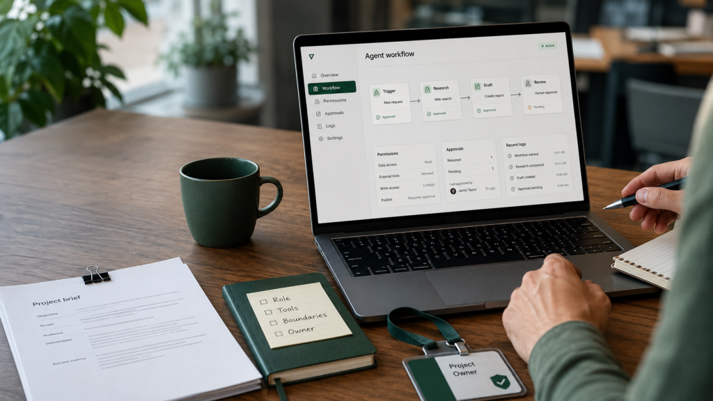 Laptop showing an AI agent workflow with permissions, approvals, logs, and a checklist for role, tools, boundaries, and owner.