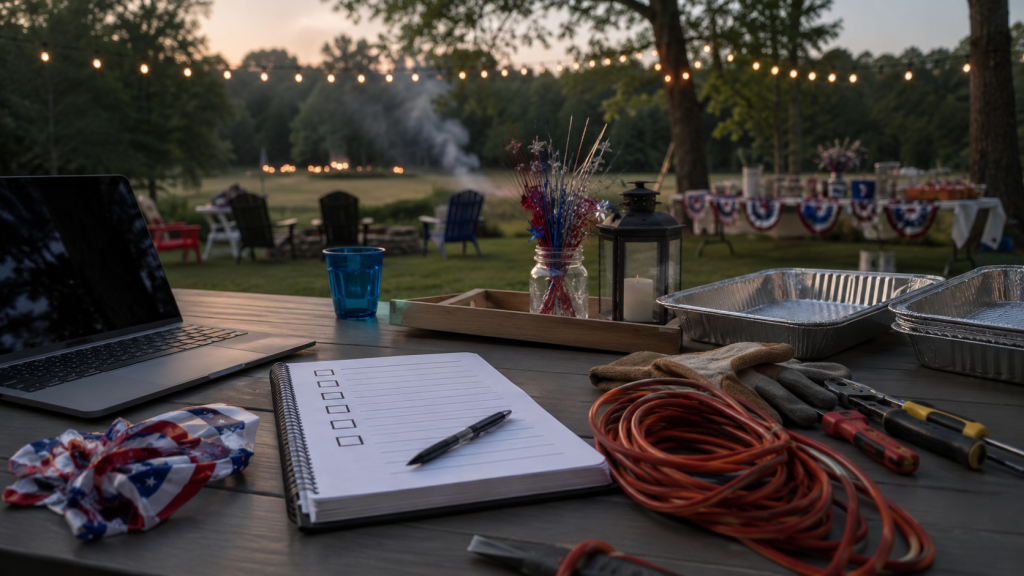 A laptop, checklist, tools, and party supplies on an outdoor table, suggesting the planning and systems behind a successful event.