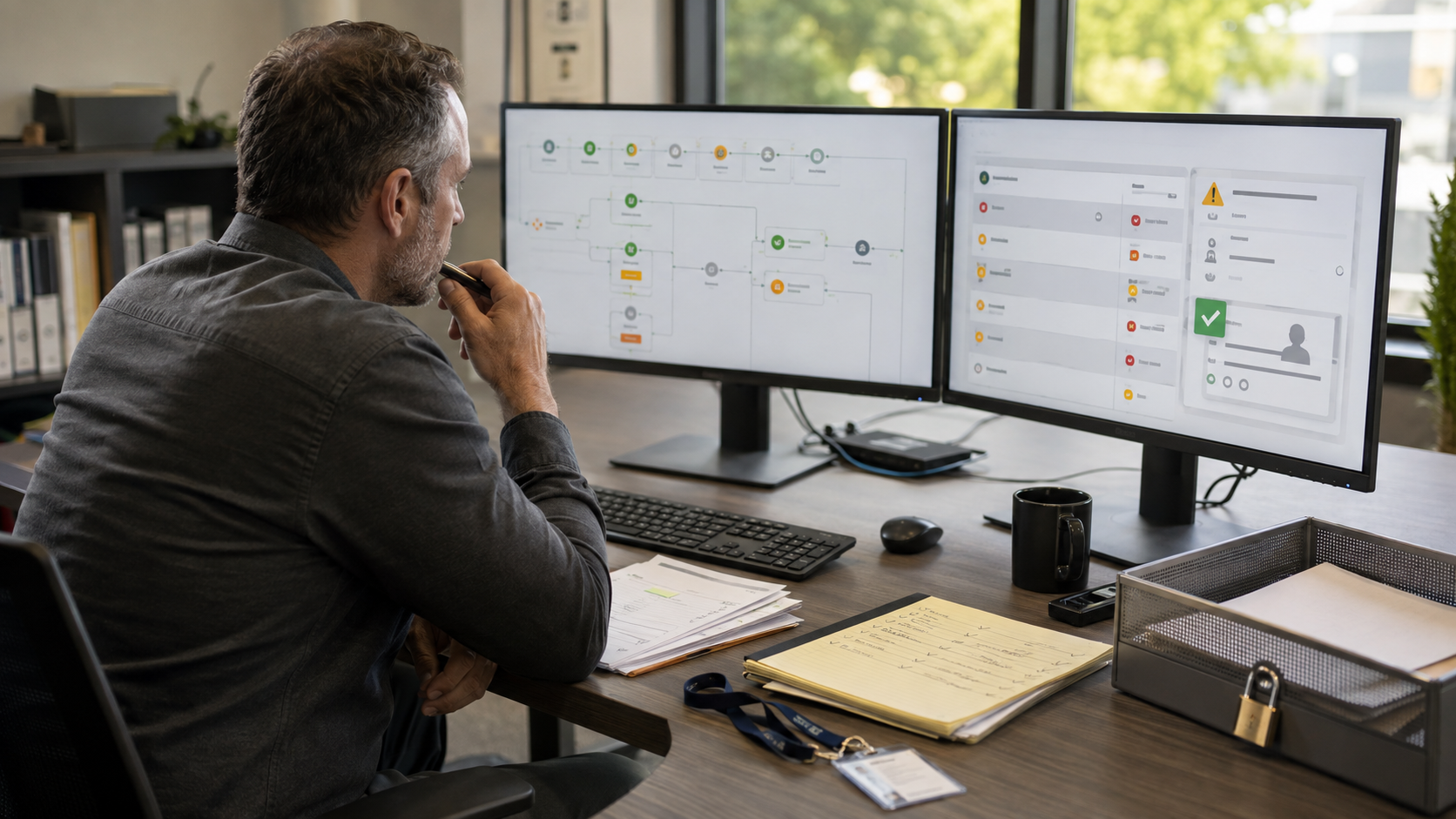 Operations leader reviewing a branching workflow, exception queue, and approval controls across two computer monitors.