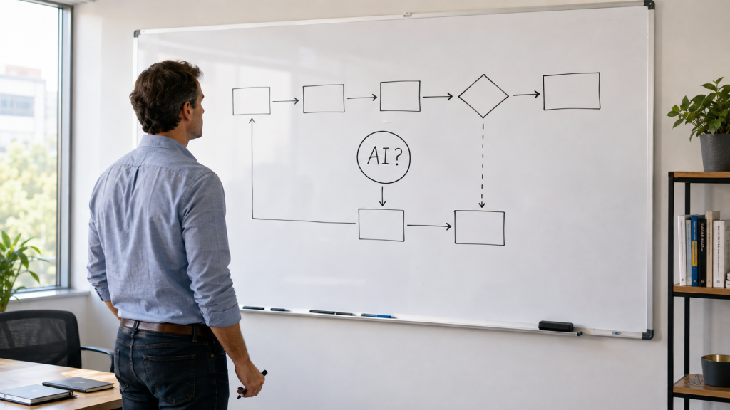 Business professional studies a whiteboard workflow diagram with “AI?” circled between the process steps.