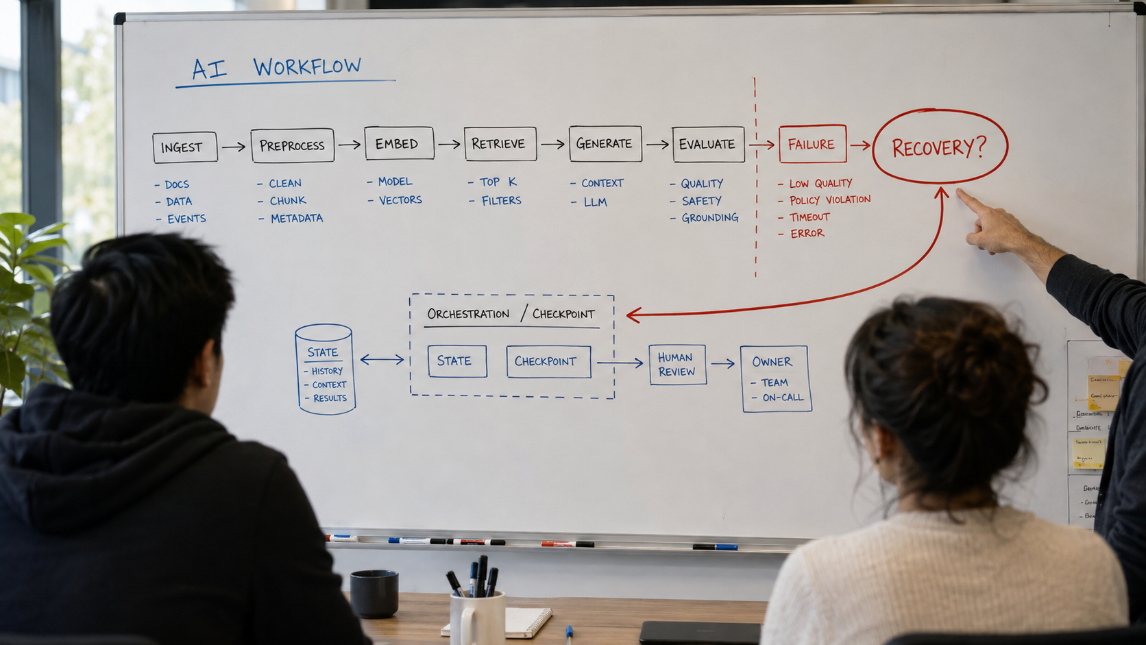 Software team reviews an AI workflow diagram with failure and recovery paths marked on a whiteboard.