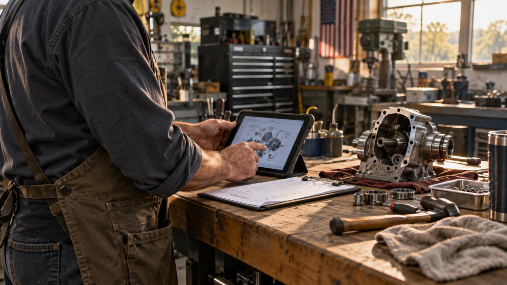 A technician uses a tablet and paper checklist while working on a mechanical component at a workshop bench.
