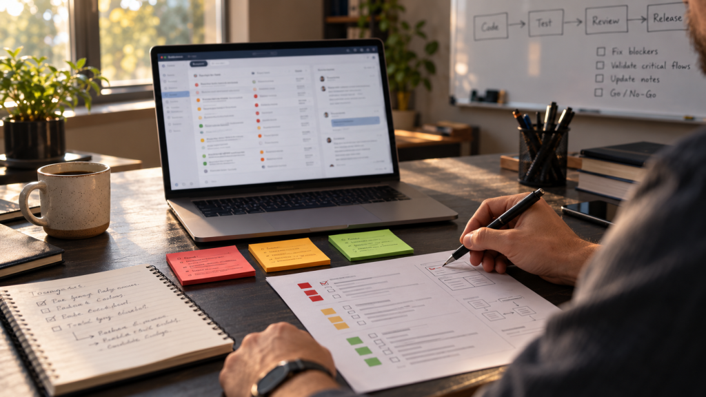 Software reviewer prioritizing launch findings using a laptop, checklist, and color-coded notes.